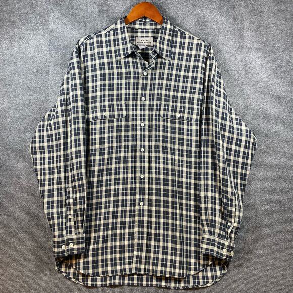 AKA Eddie Bauer Button Up Shirt Men's Large Blue Plaid Long Sleeve 100% Linen - Picture 1 of 10